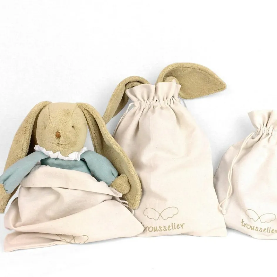 Clearance Trousselier Peluche en coton bio ange lapin vert d'eau + pochette en coton (20 cm)