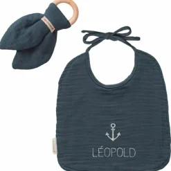 Sale Les Griottes Set de naissance Bavoir et anneau de dentition Bleu pétrole (personnalisable)