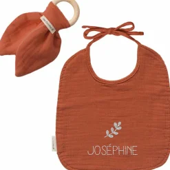 Set de naissance bavoir et anneau de dentition terracotta (personnalisable)|Les Griottes Outlet