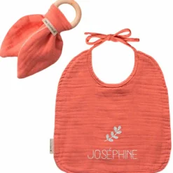 Set de naissance Bavoir et anneau de dentition Rose (personnalisable)|Les Griottes New