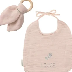 Set de naissance Bavoir et anneau de dentition Beige rosé (personnalisable)|Les Griottes
