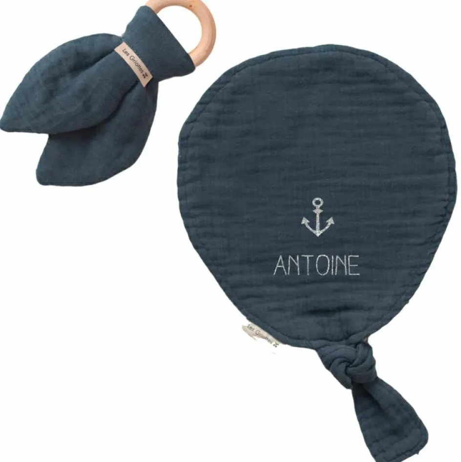 Set de naissance Doudou ballon et anneau de dentition Bleu pétrole (personnalisable)|Les Griottes Discount