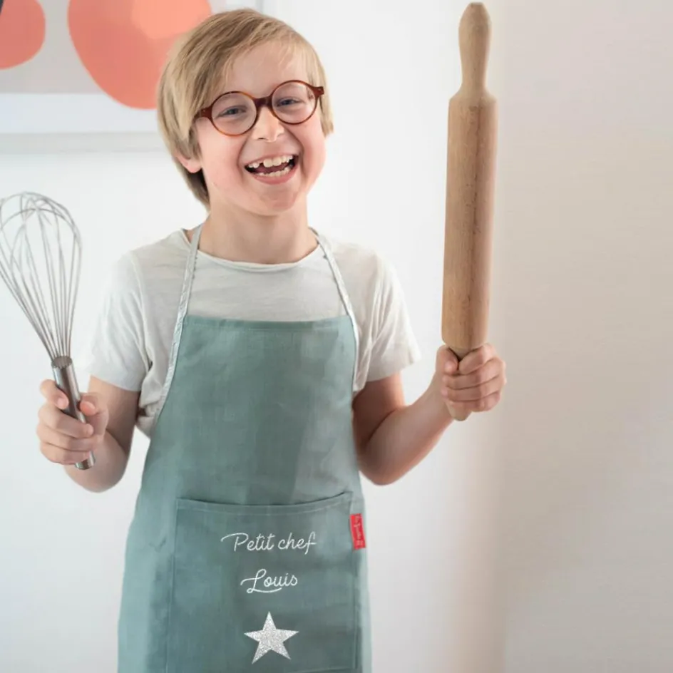 Tablier enfant en lin Vert amande (personnalisable)|Les Griottes Best